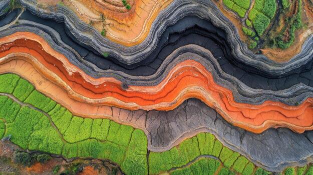 Aerial view of colorful layered earth formations with vibrant green paddy fields photo