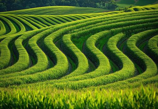 Lush green cornfields in terraced rows photo