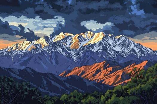 montaña rango a amanecer con nevadas picos y vistoso valles foto