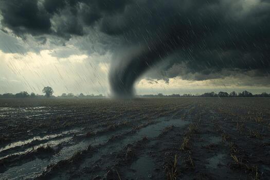 A powerful tornado descends upon a muddy field photo