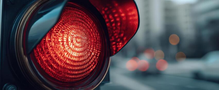 The vibrant red traffic light illuminating an urban intersection in motion. photo