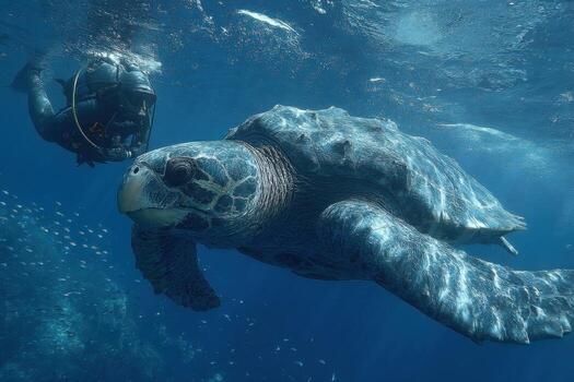 A diver and a sea turtle in the ocean photo