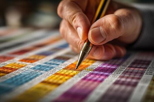 A person is holding a pencil and writing on a color chart photo