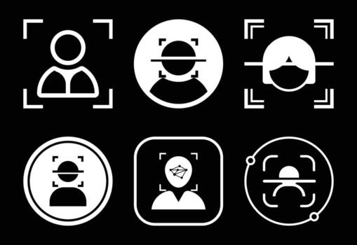 Facial Recognition Icons Depicting Identification Technology and Face Scanners, Representing Security and Technological Advancement vector
