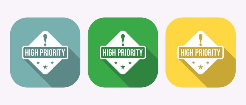 High Priority Alert Icons Set in Square Shapes with Different Background Colors vector