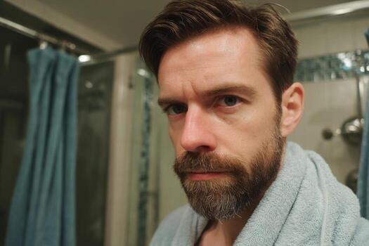 A man with a beard and a blue towel photo