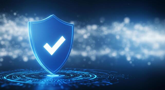 Digital security shield with check mark on abstract, glowing, light background photo