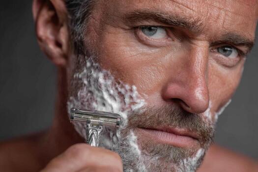 A man is shaving his face with a razor photo