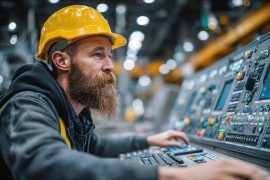 A man with a beard and hard hat working on a control panel photo