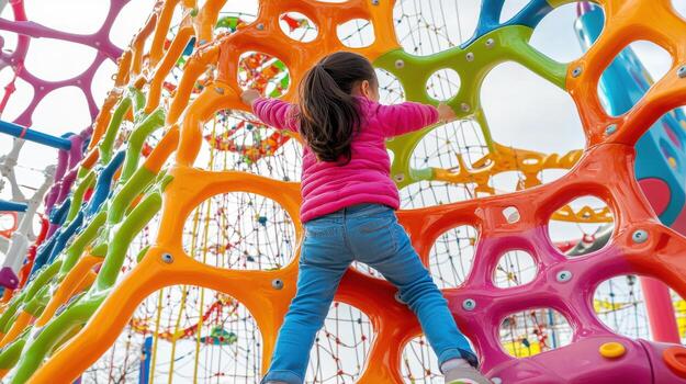 Climbing girl in colorful playground structure, joyful playtime photo