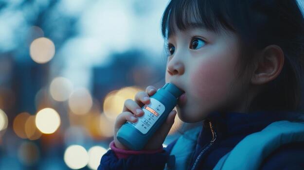 Child using peak flow meter for asthma management outdoors photo