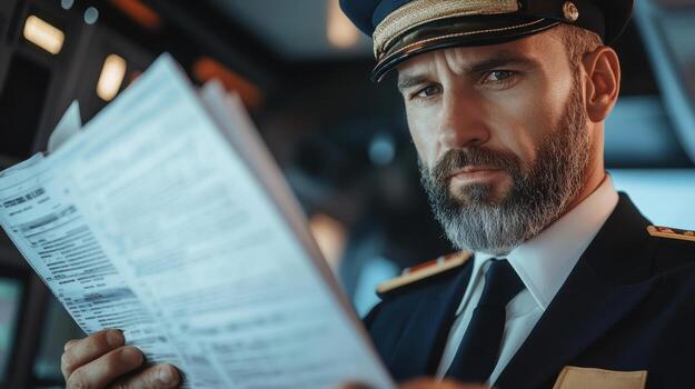 Pilot reviewing flight documents in cockpit, focused and serious photo