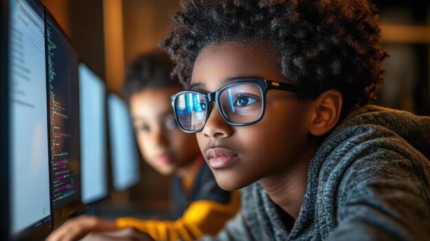 Engaged students learning coding skills with computers and focus photo