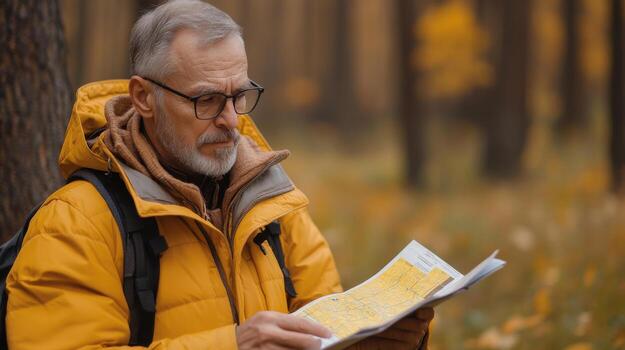 Exploring map in forest during autumn photo
