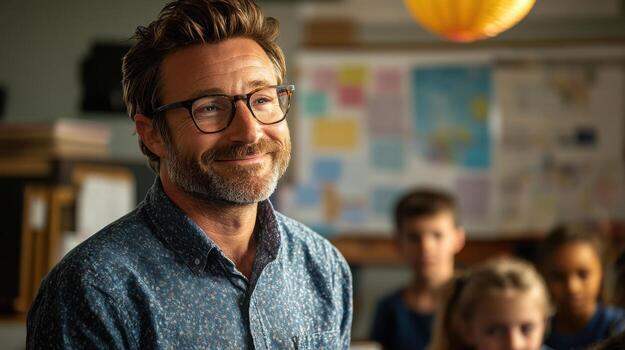 Middle school teacher smiling while engaging with students in class photo
