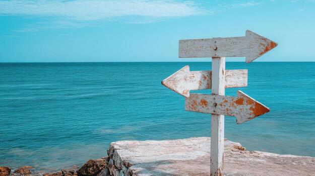 Weathered directional arrows on signpost by ocean photo
