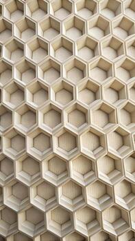 Beige Hexagonal Patterned Wall with Textured Inlays Creates a Unique Architectural Design Element photo