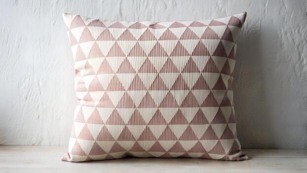 Of a decorative square cushion featuring a repeating geometric pattern of triangles in a rustic red and cream color palette, adding a touch of artisanal charm to home interiors photo