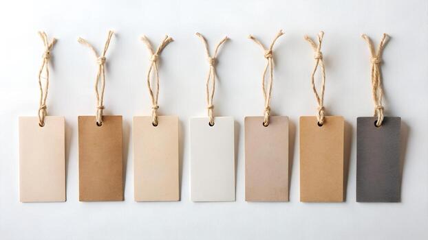 Of collection of blank kraft and paper tags with strings, arranged in a row, showcasing various neutral color tones and textures for labeling or crafting photo