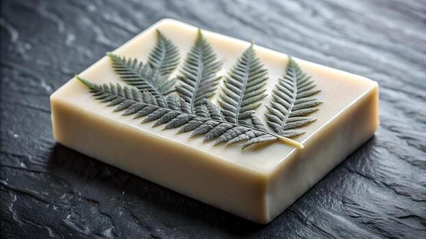 Handmade Soap Bar with Fern Leaf Embedded on Top Resting on a Dark Slate Surface photo