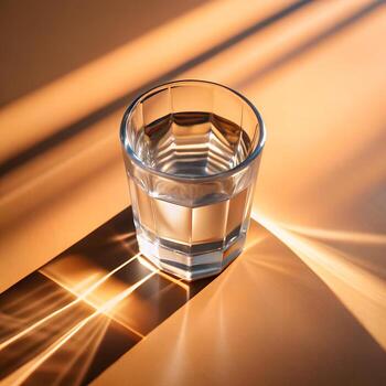 A Glass of Water with Light and Shadows Creating an Abstract Pattern on the Surface photo