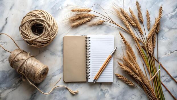 Of a rustic flat lay composition featuring an open notebook with a pencil, balls of twine, and dried wheat stalks on a textured marble surface photo