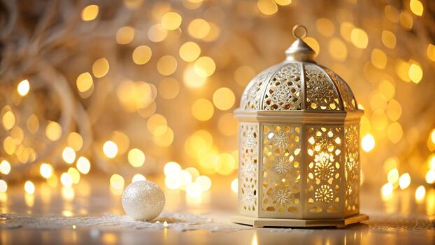 Of an ornate golden lantern glows warmly, set against a soft, blurred background of sparkling bokeh lights, creating a magical atmosphere photo