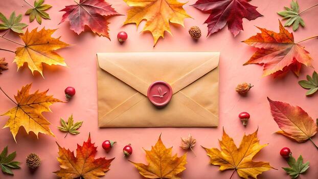 Of a vintagestyle envelope sealed with red wax sits centrally, surrounded by a vibrant array of colorful autumn maple leaves and small red berries on a pink surface photo