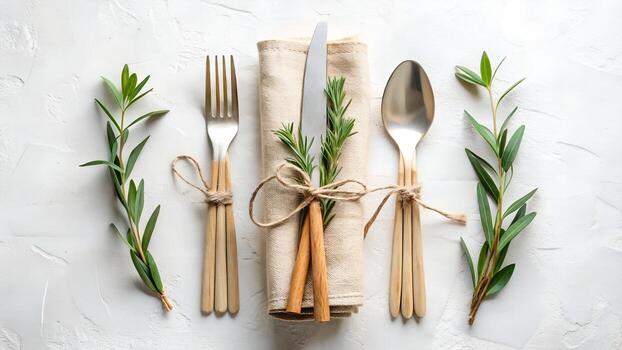 Of elegant table setting with fork, knife, spoon, and rosemary on a rustic napkin, decorated with cinnamon sticks and twine, isolated on white background photo