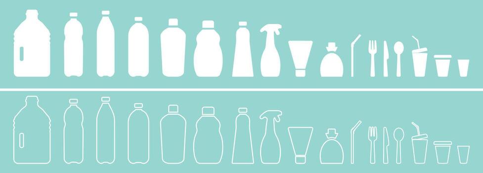 Different plastic objects such as plastic water bottles, cups, containers, tableware, straws and disposable utensils. Concept of water pollution with microplastics. vector