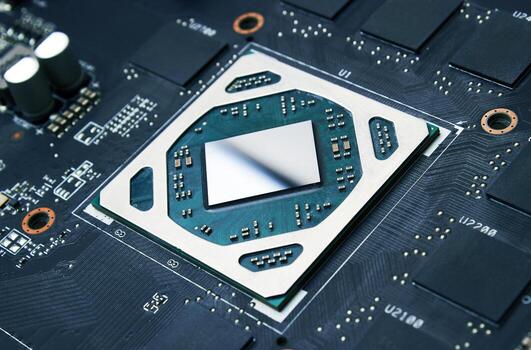 Electronic circuit board with a processor close up photo