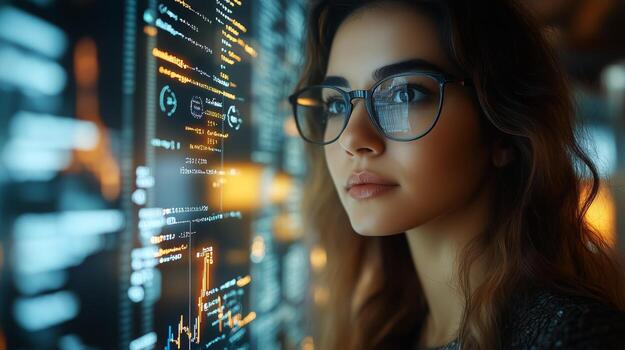 joven mujer enfocado en codificación en un moderno tecnología ambiente a noche foto