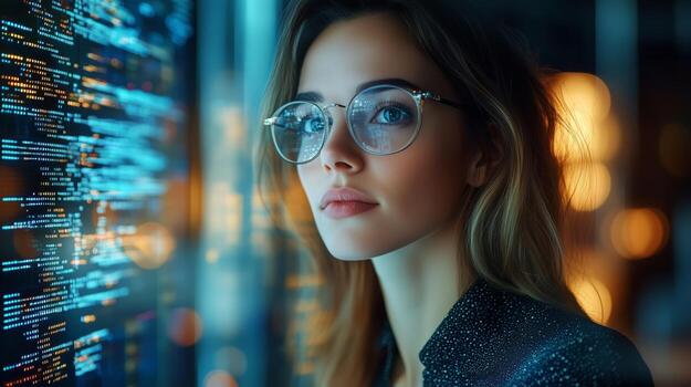 joven mujer enfocado en codificación en un moderno tecnología ambiente a noche. foto