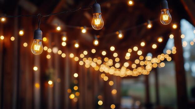 Charming String Lights Illuminate a Rustic Venue During an Evening Gathering in the Countryside photo