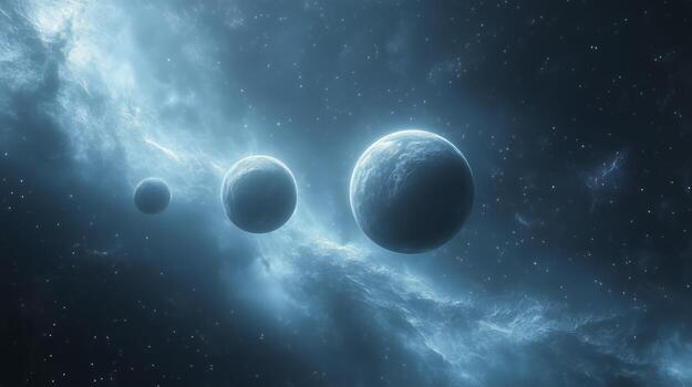 Three Celestial Bodies Floating in the Deep Cosmos at Night Illuminated by Distant Stars photo