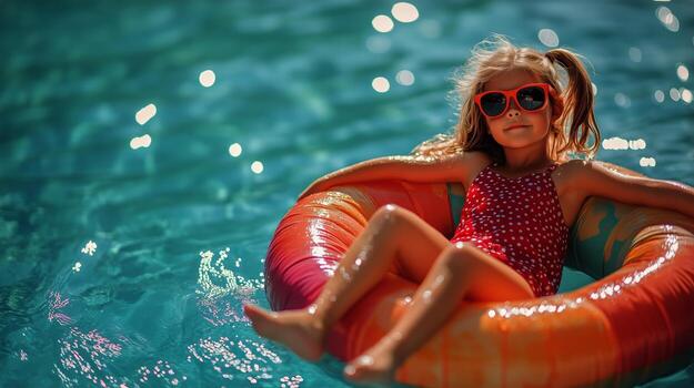 Child Enjoying Summer in a Colorful Pool Float Under Bright Sunlight photo