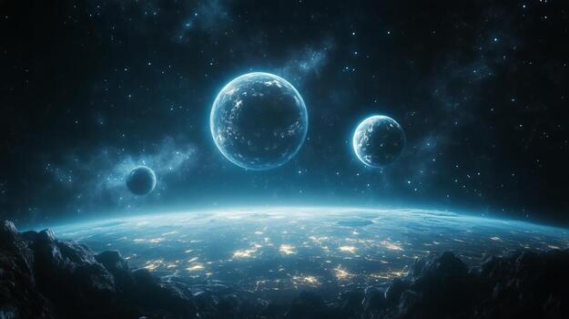 Three Celestial Bodies Floating in the Deep Cosmos at Night Illuminated by Distant Stars. photo