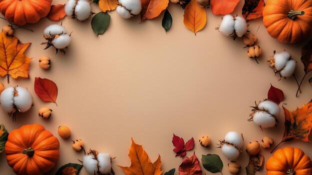 Vibrant Autumn Display With Pumpkins, Cotton, and Colorful Leaves on a Warm Backdrop photo