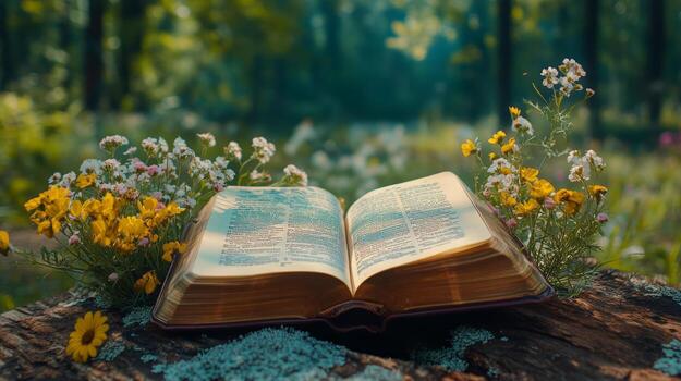 Open Book Surrounded by Wildflowers in a Tranquil Forest Setting During Daylight photo