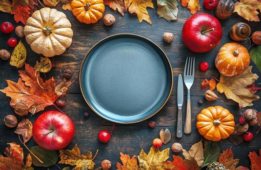 Autumn Table Setting With Empty Plate Surrounded by Seasonal Fruits and Colorful Leaves photo