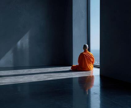 A monk sitting in an empty room with the sun shining through the window photo