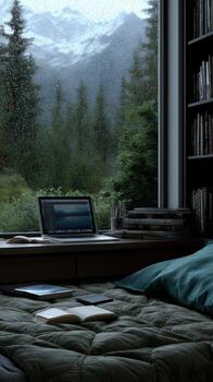 A bed with a laptop on it photo