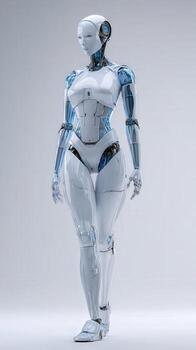 A robot standing in front of a white background photo