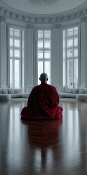 A man sitting in a red robe in a large room photo