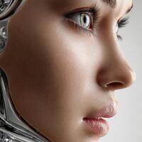 un mujer vistiendo un plata robot cabeza foto