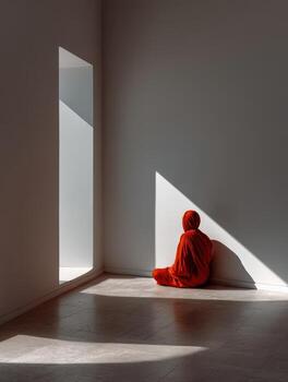 A red robe sitting in an empty room photo