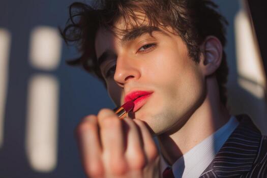 confident man in tuxedo using makeup as self-expression photo