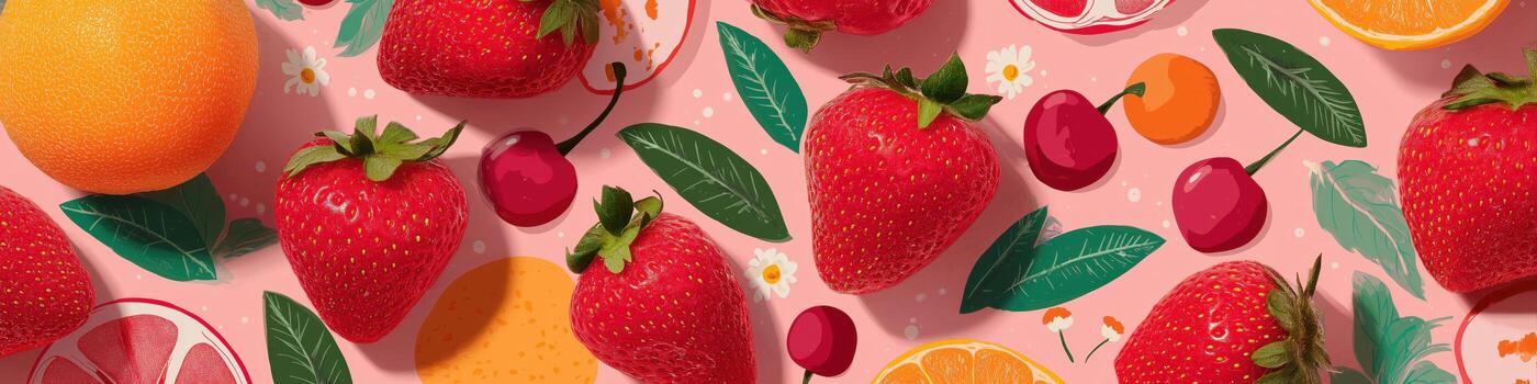 vibrant fruit pattern with strawberries and citrus. Panoramic. photo