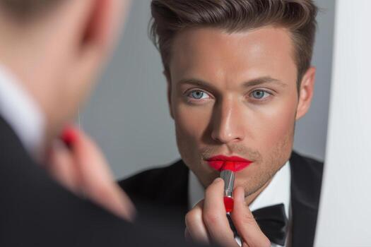confident man in tuxedo using makeup as self-expression. photo