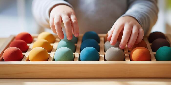 hands of a child sorting rainbow montessori toys. photo